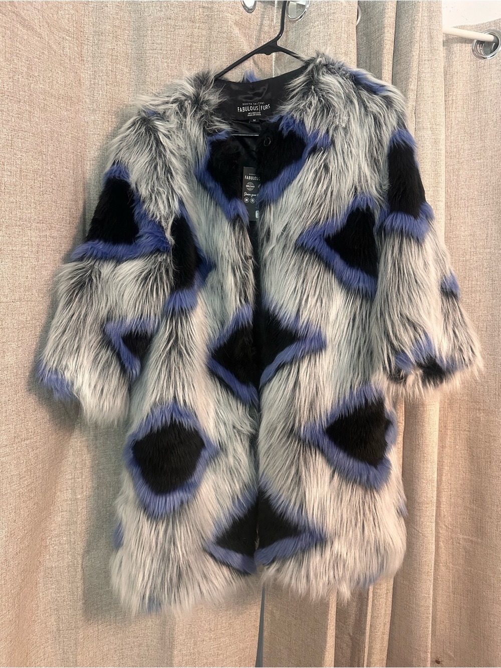 Fabulous Furs Grey Faux Fur Coat with Blue and Black Accents